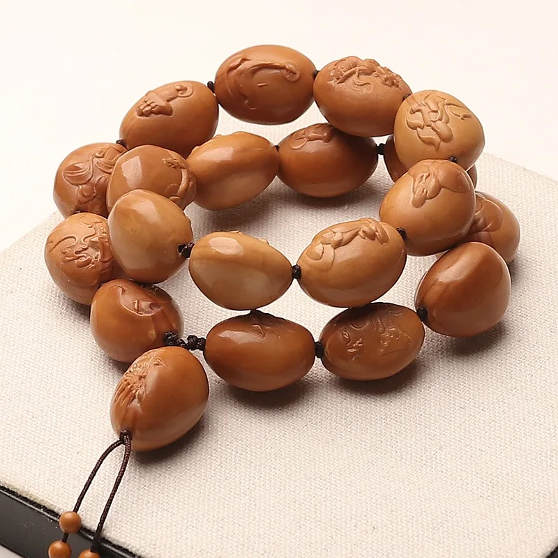 

Hand Carved Unbuddha Relief Olive Pit Bracelet Old Material High Polished Long String Olive Nut Wrist Toy for Wenwan Gifts
