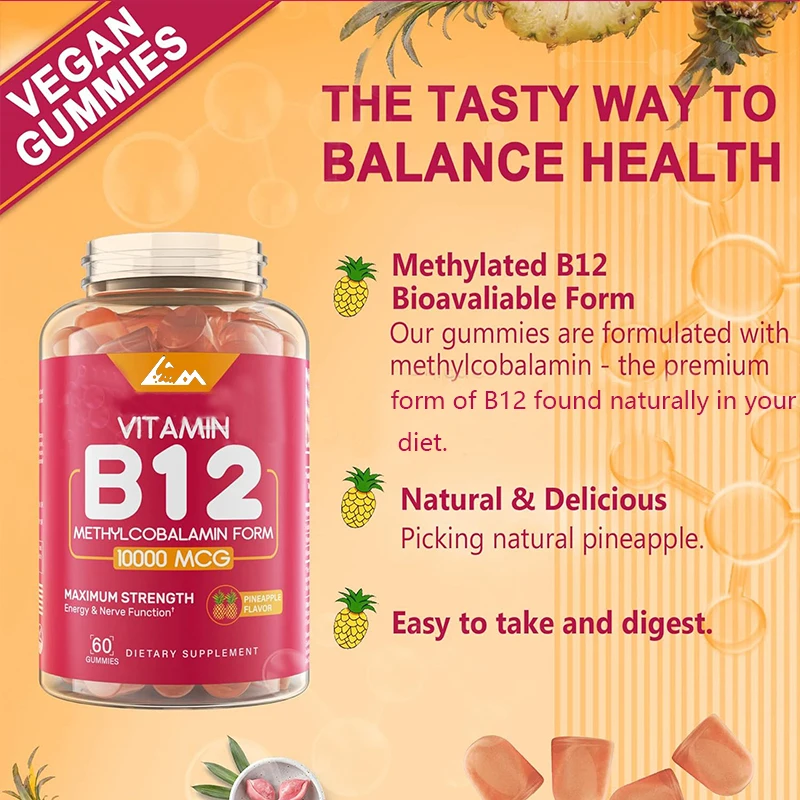 

Vitamin B12, containing vitamin D3, B9, folic acid, and vitamin C, used for energy enhancement, metabolism, and immune support