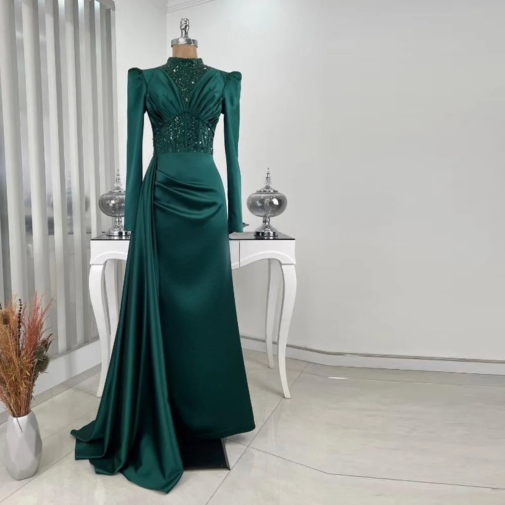 

Customized Emerald Green Hijab Evening Dress 2025 High Neck Long Sleeve Formal Gown with Overskirt Pleated Satin Muslim Dress