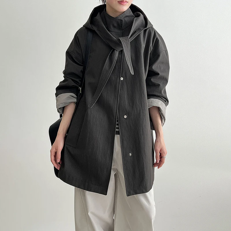 

FANAN Fashion Hooded Short Trench For Women Solid Single Breasted Long Sleeve Windbreaker Office Lady Coats 2025 Autumn New