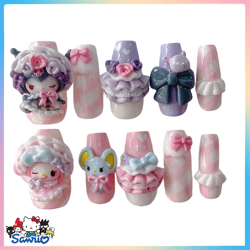 Charm Sanrios Melody False Nail Y2K Kuromi Wearing Armor Detachable and Reusable Stickers Kawaii Nail Tips 3D Manicure Gifts