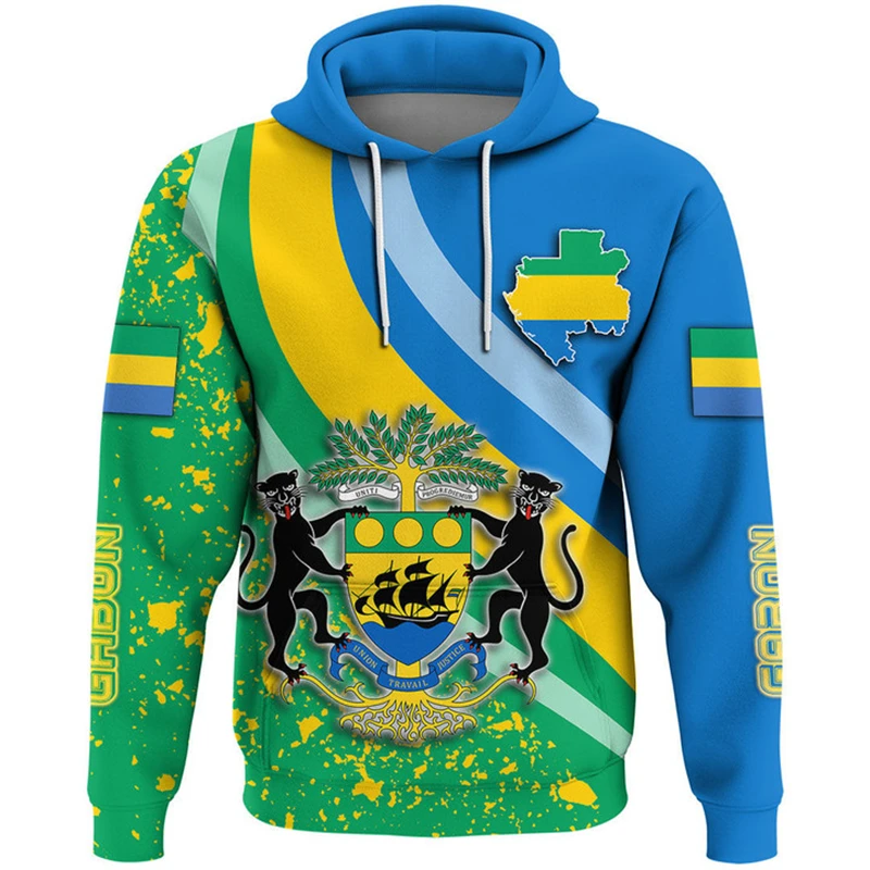 Gabon Map Flag 3D Print Hoodie For Men Clothing Fashion Hooded Sweatshirts National Emblem Pullovers Boys Kids Long Sleeve Tops