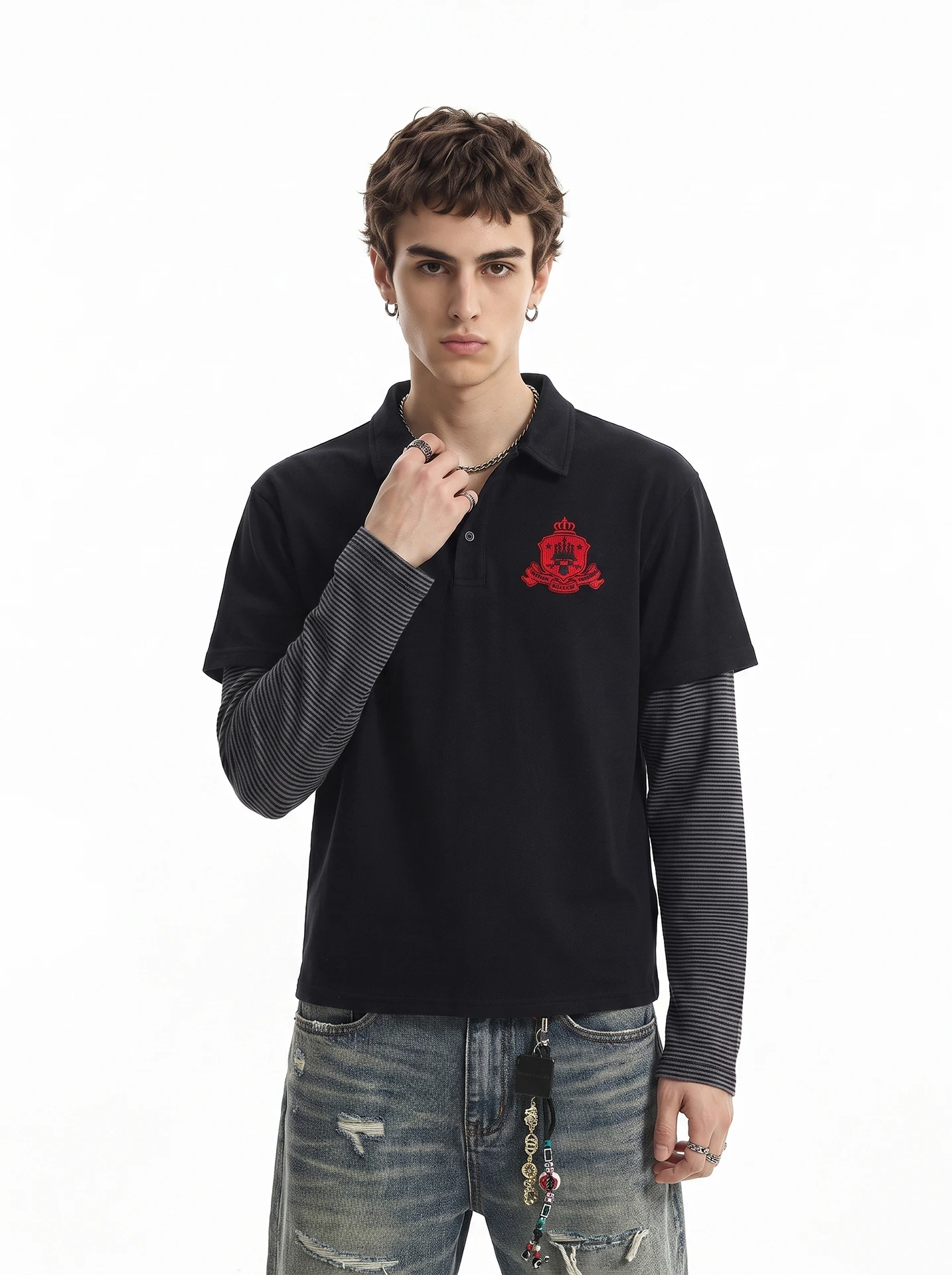 BETEBULE American High Street Embroidered Striped Detachable Fur Collar Long Sleeve Men's T-shirt Short Wide Fake Two-Piece Top