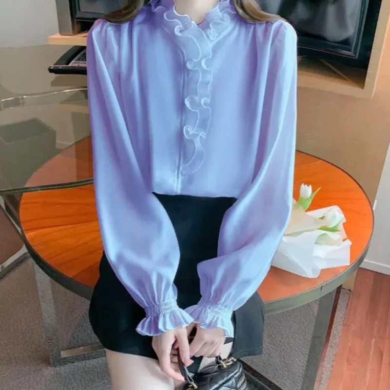 2024 NewFashion Blouse Long Sleeve All-matchSpring Top Tee Femaletemperament Ruffles Chiffon Shirts Women Clothing Solid Color