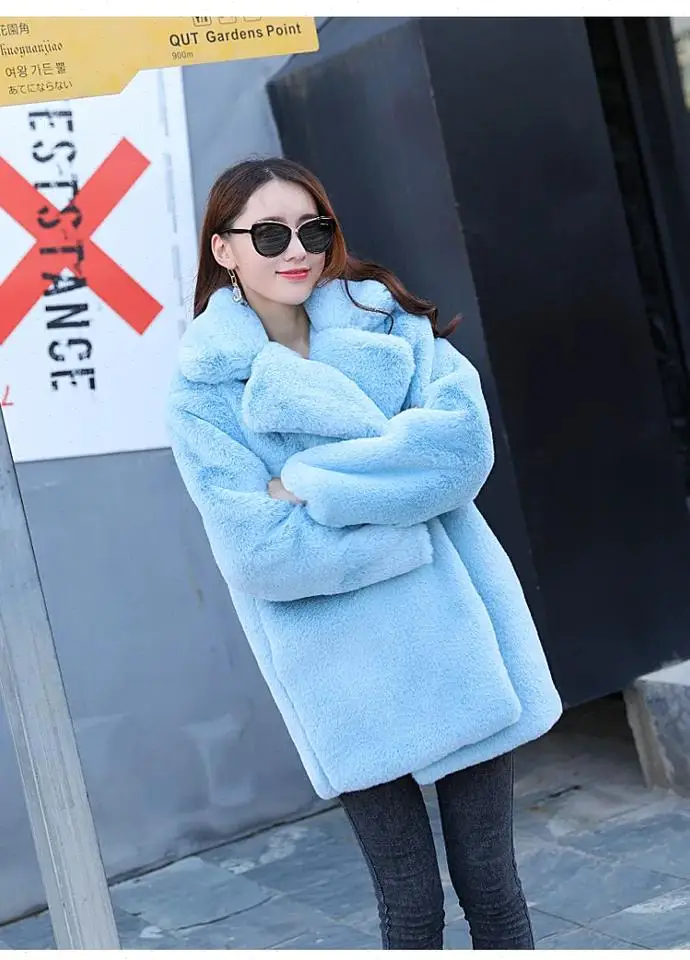 Thick Faux Fur Women Solid Loose Turn Down Collar Coat Warm Casual Long Sleeve Furry Streetwear Outerwear Winter