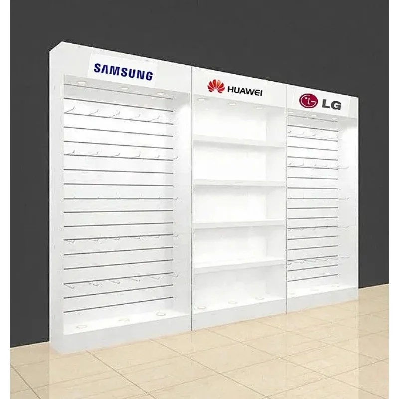 Gabinete de accesorios para teléfono móvil con pared de listones de madera con ganchos, accesorios para teléfono móvil, soporte de exhibición para tienda, muebles
