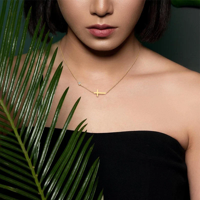 Delicate Petite Sideway Cross Necklaces Pendant Women Stainless Steel Thin Chain Link Christian Jewelry