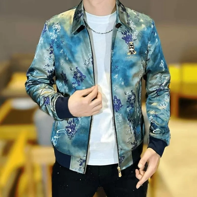 

Мужская приталенная куртка с принтом, осень 2025, модная повседневная, люксовая, трендовая, с воротником, верхняя одежда из полиэфирного волокна, длинный рукав