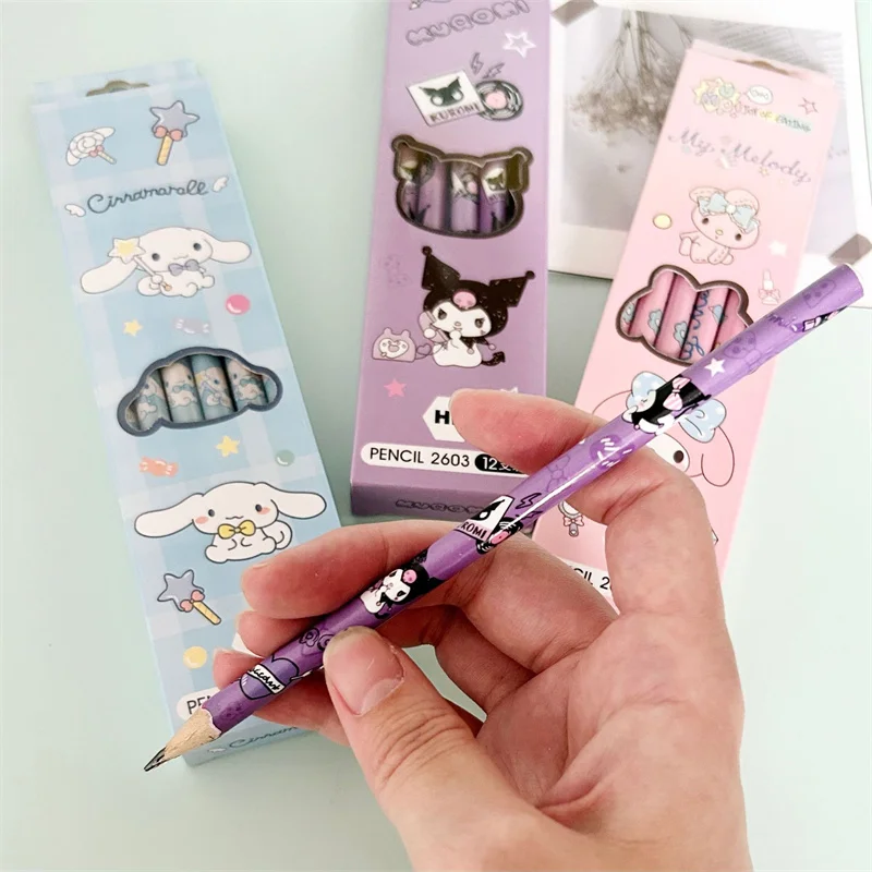 12Pcs/Box Sanrio Pencil Melody Kuromi Cinnamoroll HB Black Write Draw Pencils Primary Students Stationery School Children Gift