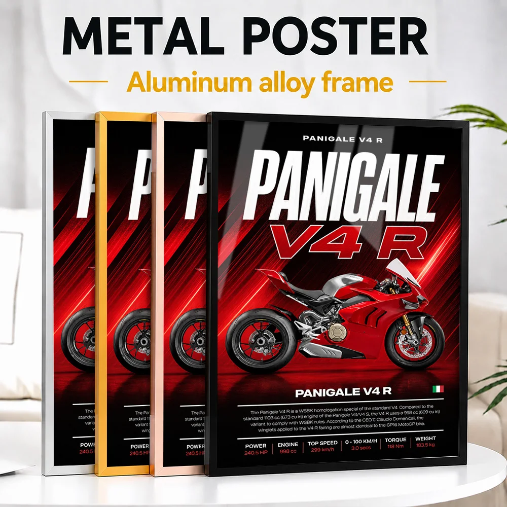 Italy Panigale V4 R Motorcycle Framed Metal Print Customized Photo Neon Street Style Wall Art For Game Room Memorable Fan Gift