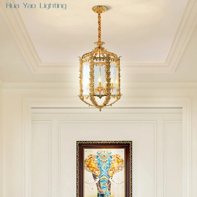 European Royal Classic Design Living Room Entrance Aisle Copper Pendant Light Stairwell Loft Glass Small Pendant Lamp