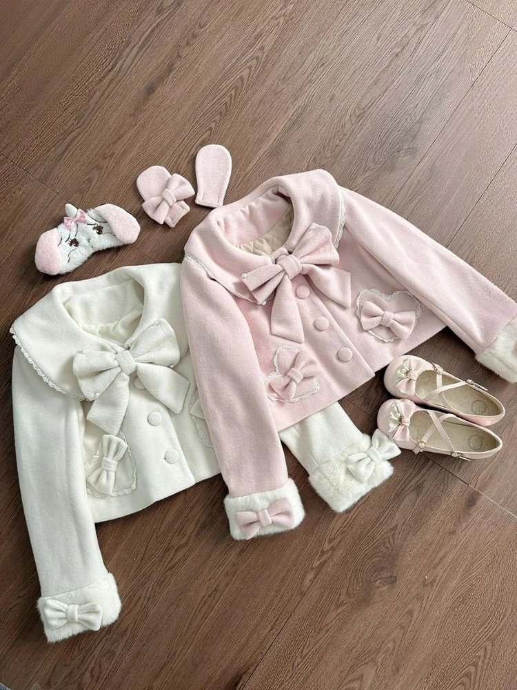 

Preppy Style Sweet Girl Kawaii Warm Bow Short Woolen Coat Spring Fashion Cute Japanese Style Loose Lovely Pink Overcoat Clothes