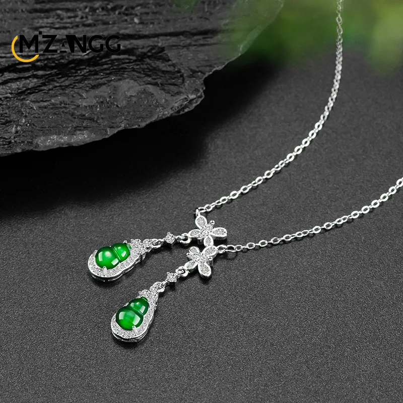 Natural A-goods Jadeite Double Gourd Pendant S925 Silver Inlaid High-grade Personality Exquisite Ice Jade Necklace Ladies Gift