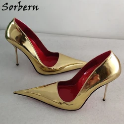 Sorbern złoty metalik kobiety buty Pump metalowe szpilki 12Cm szpilki długie szpiczasty nosek Slip On buty Sissy Boy obuwie niestandardowe