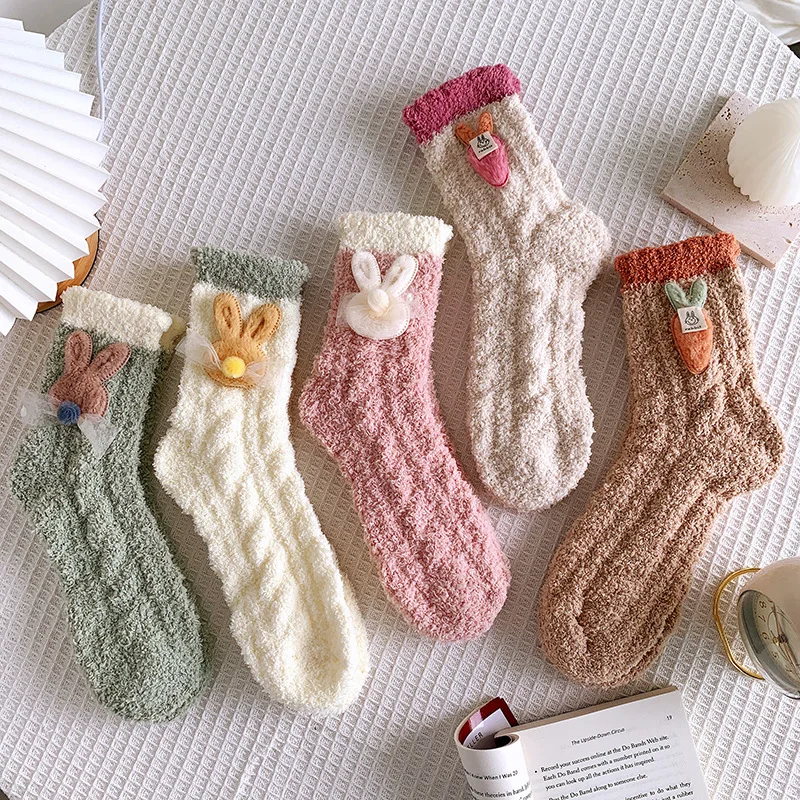 

Japanese Adorable Sleeping Socks For Women'S Medium Tube Thick Coral Velvet Socks Sweet Cartoon Rabbits Carrot Warm Floor Socks