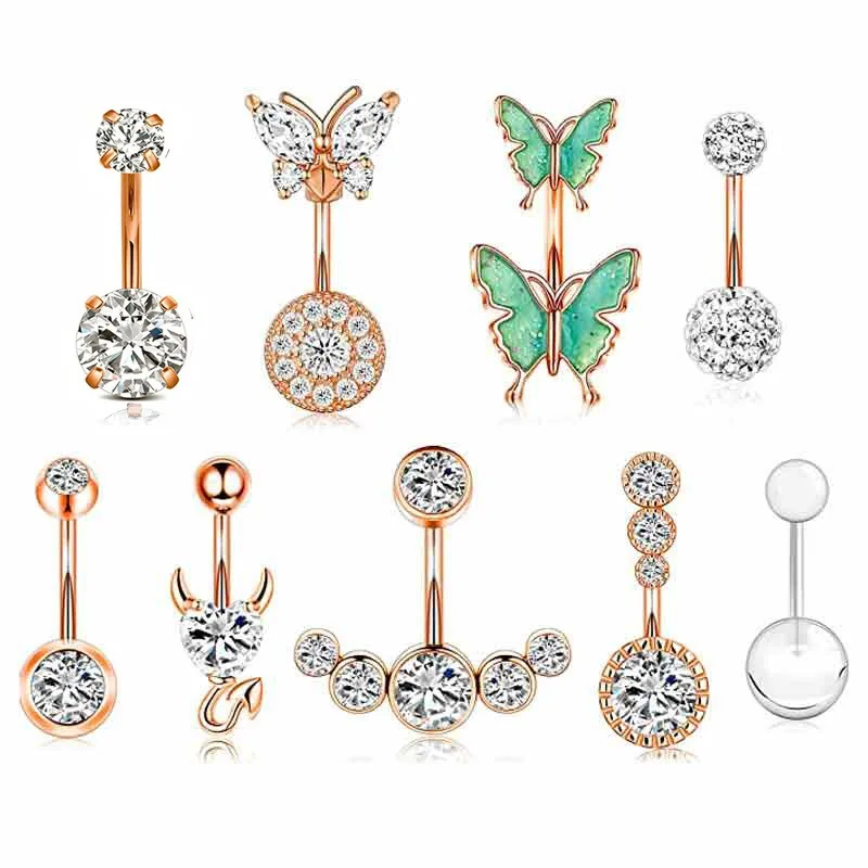 1set  Fashion Navel Ring Butterfly Stainless Steel Diamond Navel Nail Love Flower Umbilical Ring Piercing Jewelry