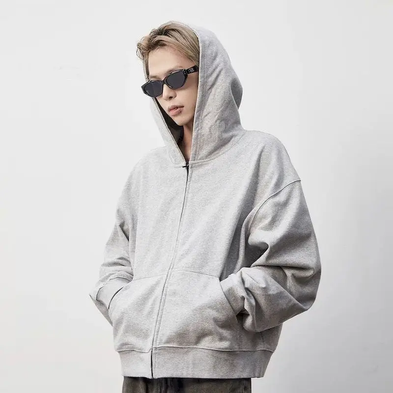 Lazy Style Hoodies for Women and Men Solid Color Clean Fit Zip Up Hooded Coats Drop Shoulder Couple's Casual  Jacket Autumn