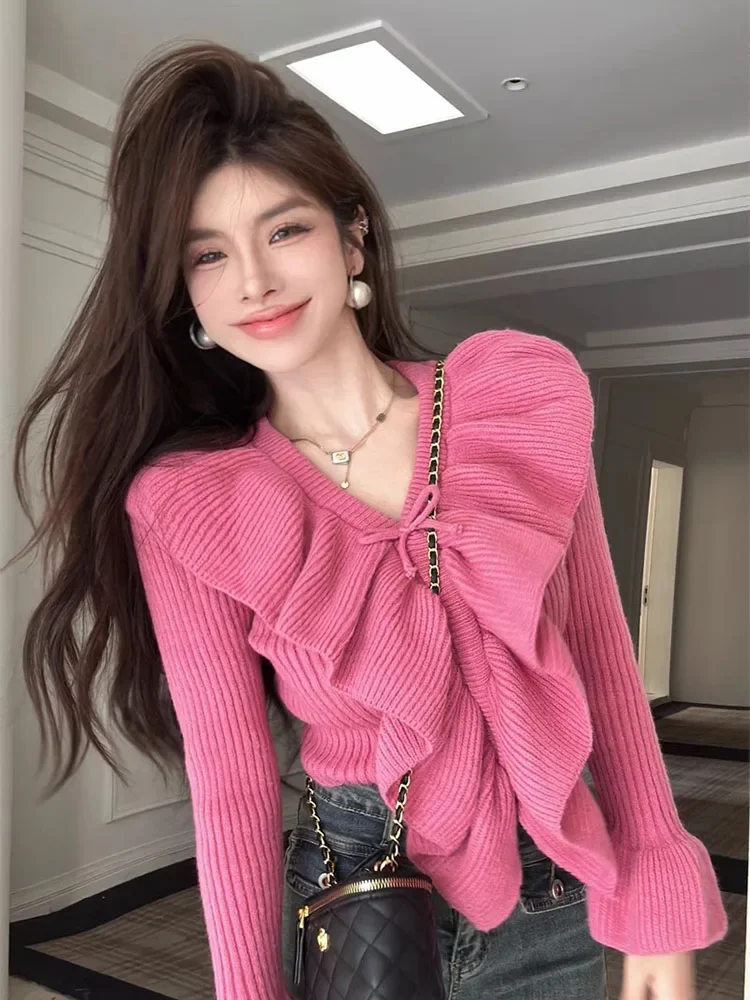 Women's Pink Gothic Pullover Knitted Sweater Long Sleeve Sweaters Jumper 90s Korean Y2k Emo 2000s Harajuku Vintage Clothes 2024