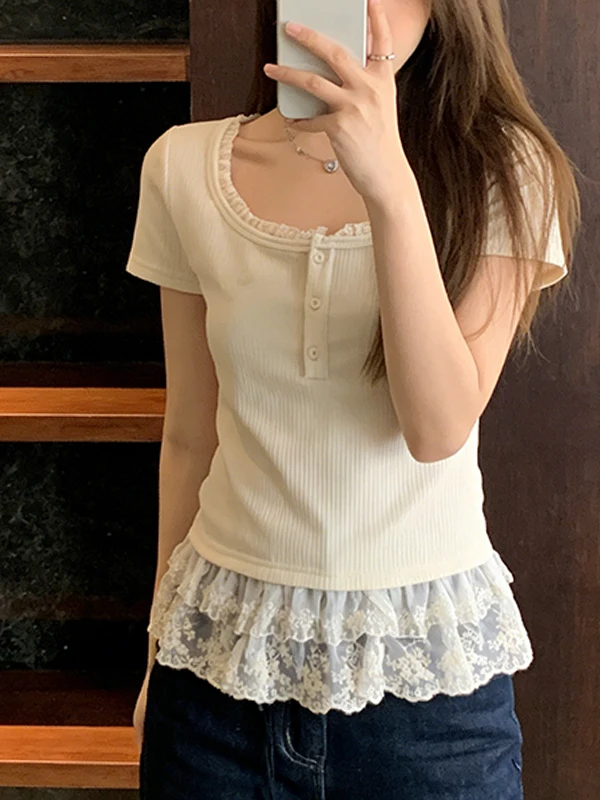 

Lace Short Sleeve Top Sexy Pure Desire Ballet Style Slimming Design Korean Version Commute Style Skin-friendly Breathable