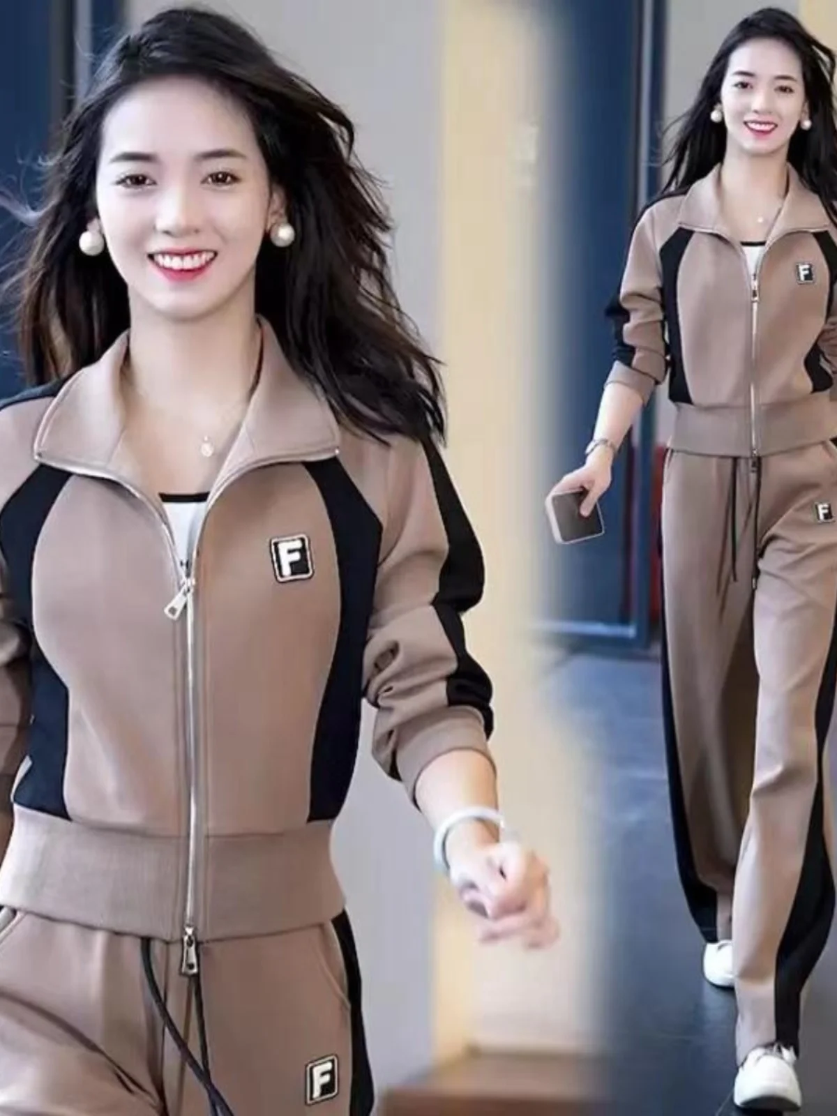 

Ele Long Sve Sportswear Set for Women High Waist Pants Korean Sle Commute Faion plus Size Autumn Season Zipper Clo...