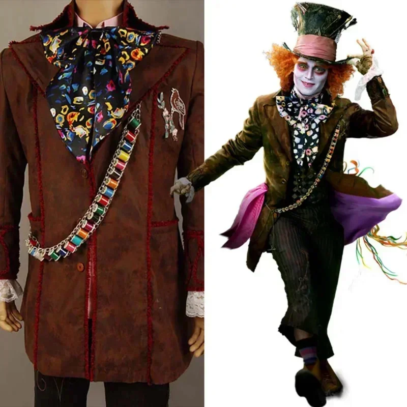 Alice Cosplay Johnny Depp como traje de Sombrerero Loco chaqueta pantalones corbata disfraz de Halloween para adulto traje completo