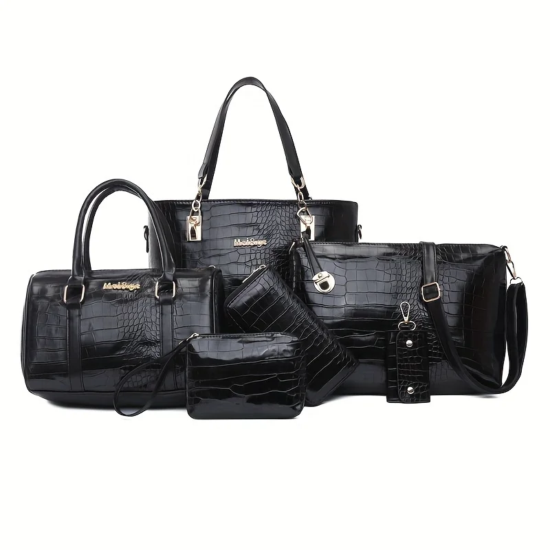 

6pcs Vintage Women's Bag Stylish Lacquer Crocodile Print Leather Handbag set Daily Commute Tote Shoulder Bag For Women Purse
