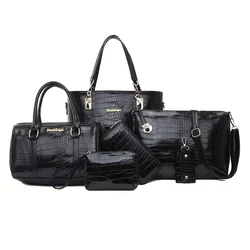 6pcs Vintage Women's Bag Stylish Lacquer Crocodile Print Leather Handbag set Daily Commute Tote Shoulder Bag For Women Purse