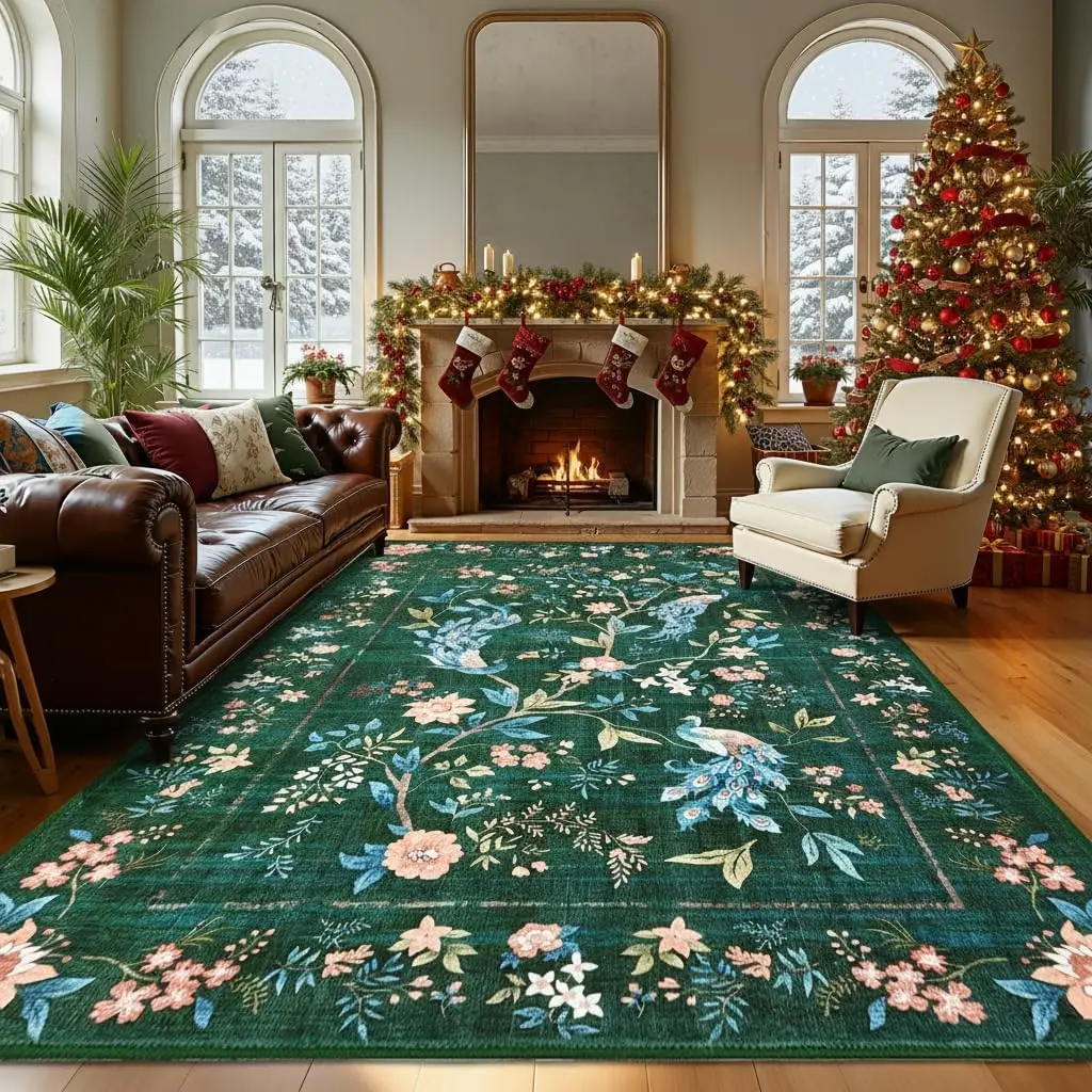 9x12 Extra Large Dark Green Animal Print Accent Area Rug Washable Non Slip Soft Carpet for Dining Room Playroom Home Decor