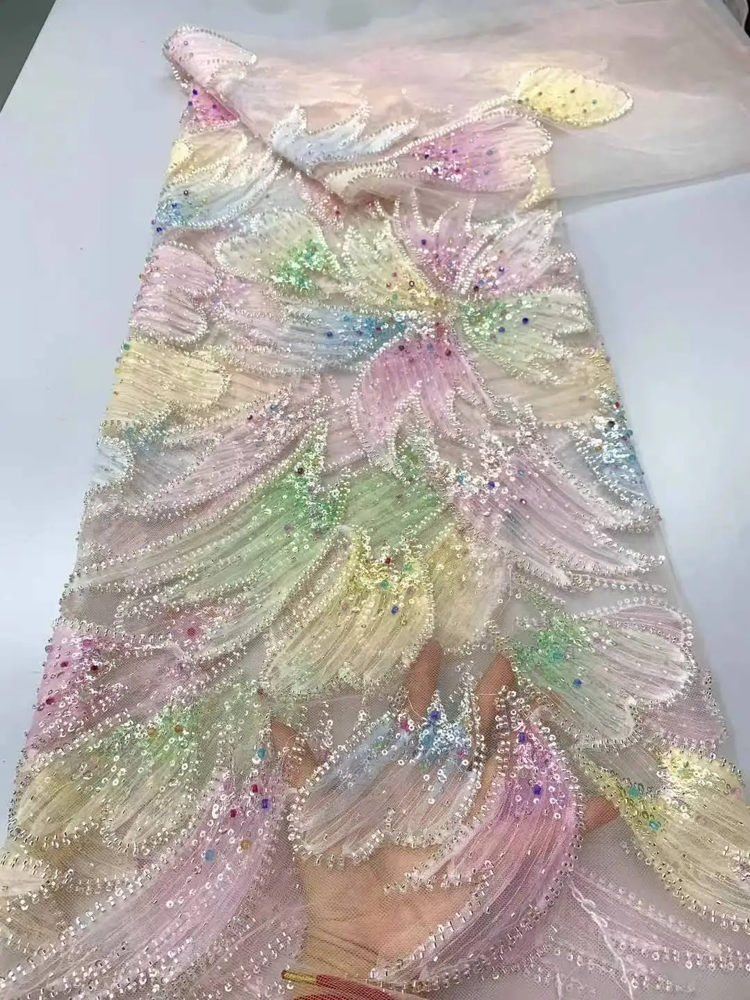 

2025 African Beads Lace Fabric French Mesh Net Lace Fabric Nigerian Tulle Lace With Sequins For Party Wedding