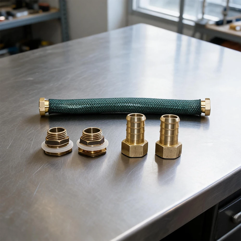 Rubber Hose Rain Bucket Connector Kit with Brass Adapters for Connecting Multiple Rain Barrels in Water Conservation Setup