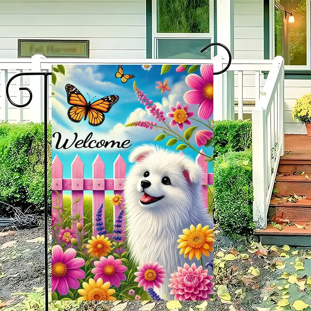 Welcome Puppy Garden Flag 12x18 Inch Double Sided, Floral Spring Summer Decor, Yard Banner with Pink Flowers YYN UUV EEU SSL hhz