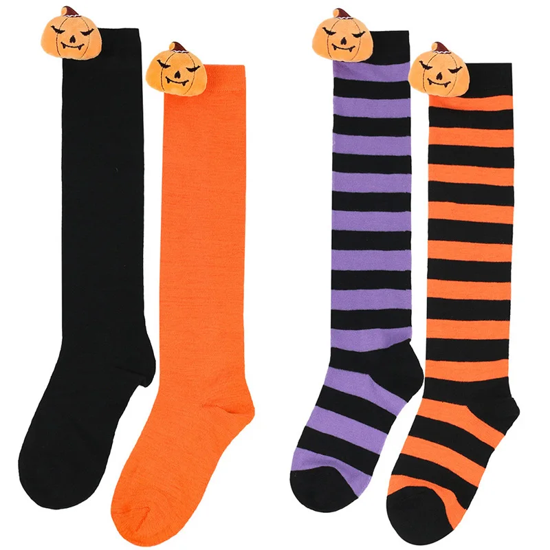 Kids Halloween Knee High Socks Soft Stripes Long Tube Socks Children Horror Pumpkin Demon Cosplay Stockings Party Costumes