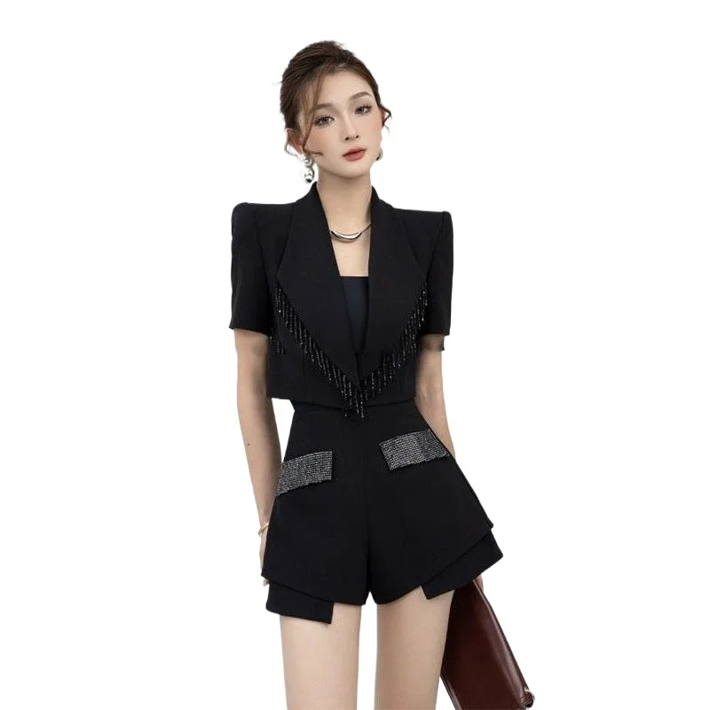

New Fashion Royal Sister Fan Suit Top Black Heavy Industry Premium Slim Short-sleeved Suit High Quality High Appearance Level