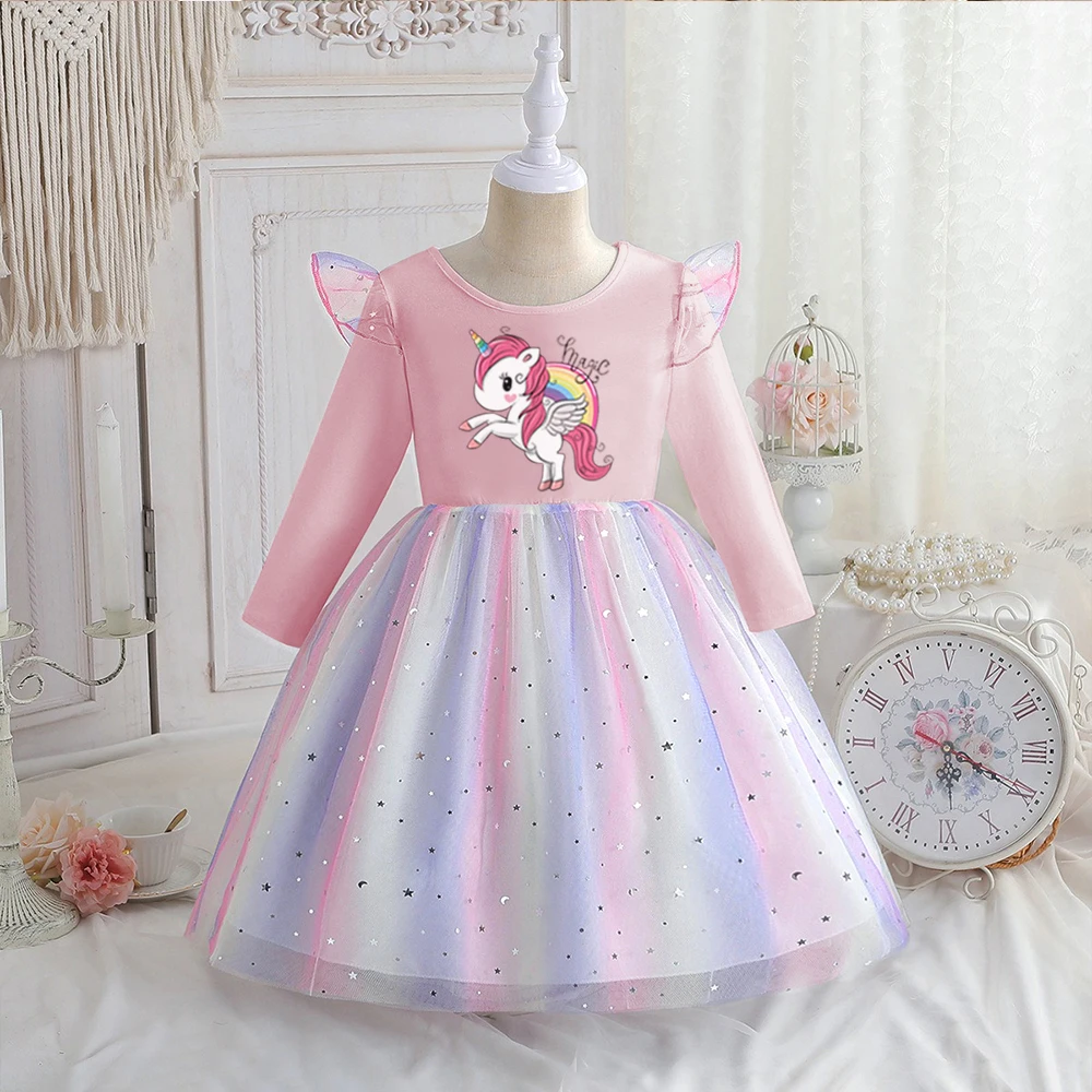  New Unicorn Princess Dress Children Trendy Spring Autumn Season Dress Girls' Birthday Party Dress Halloween Christmas Dress