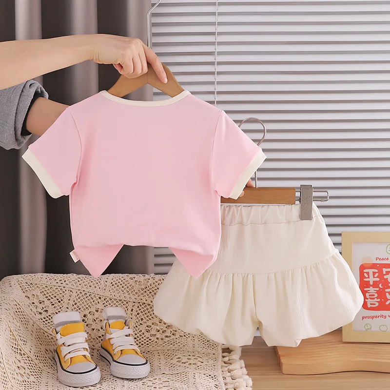 Baby Girl Summer Outfit Set 2026 New Chinese Style Flower Decor Short Sleeve T-Shirt + Bow Ruffle Shorts Cute Kids Clothes 0-5Y