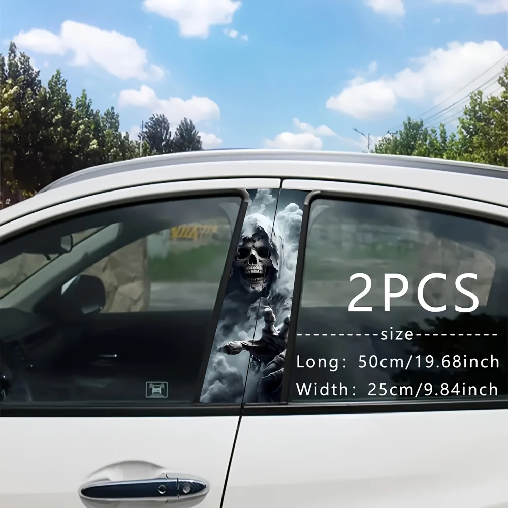 2-Piece Set of Ghost Skeleton Vinyl Car Stickers, Easy to Stick and Tear Off, Glossy Surface, Rectangular B-Pillar Protective Sticker