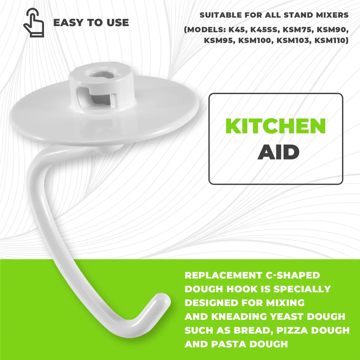 [متوفر] استبدال خطاف العجين K45DH متوافق مع خلاطات الروك 4.5 QT KSM90 وK45