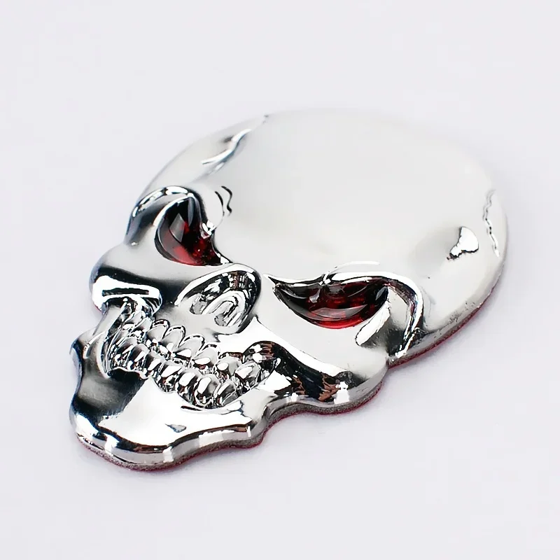 Auto Car Motorcycle Skull Bone Sticker Red Eyes Chrome Silver 3D Metal Decor Emblem Badge Decal Stickers with Tape Back 50x35MM