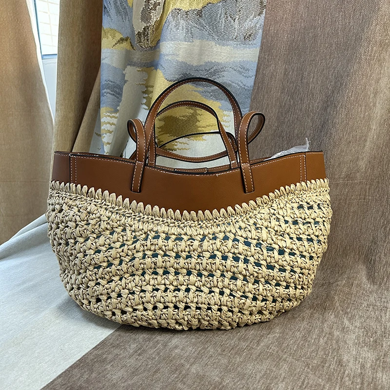 

CLAREGQI Straw Woven Tote Bag with PU Leather Trim, Large Capacity Summer Beach Shoulder Handbag Women's Woven Straw Tote Bag,