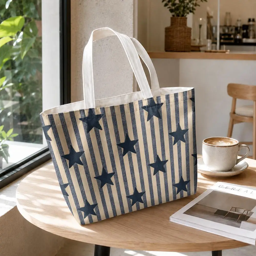 4th of July Patriotic Stars Storage Bags 2-Piece Set Double-Sided Canvas Tote Bags with Zipper Shopping Shoulder Handbags