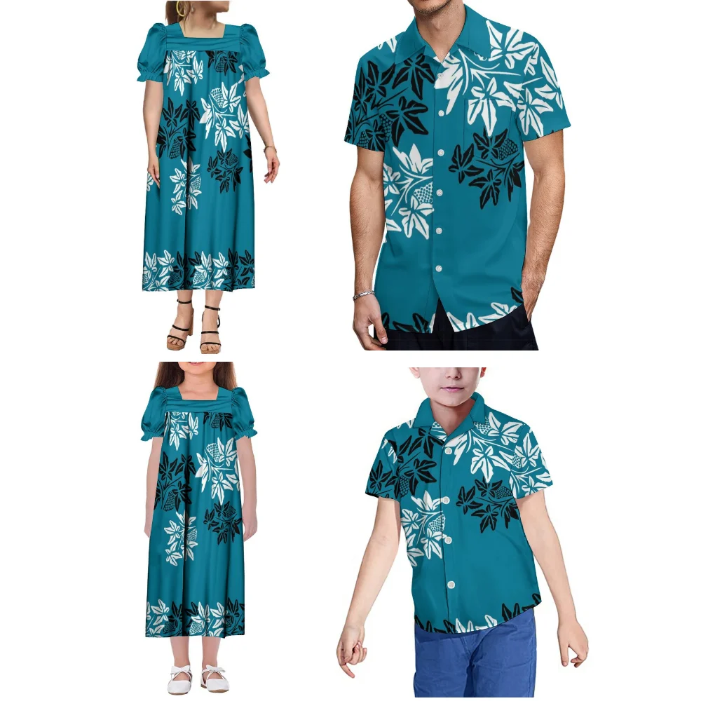 Sommer-Familien-Set, polynesisches Stammesmuster, individuelles Mutter-Tochter-Mumu-Kleid, lässiges Vater-Sohn-Freizeithemd-Oberteil