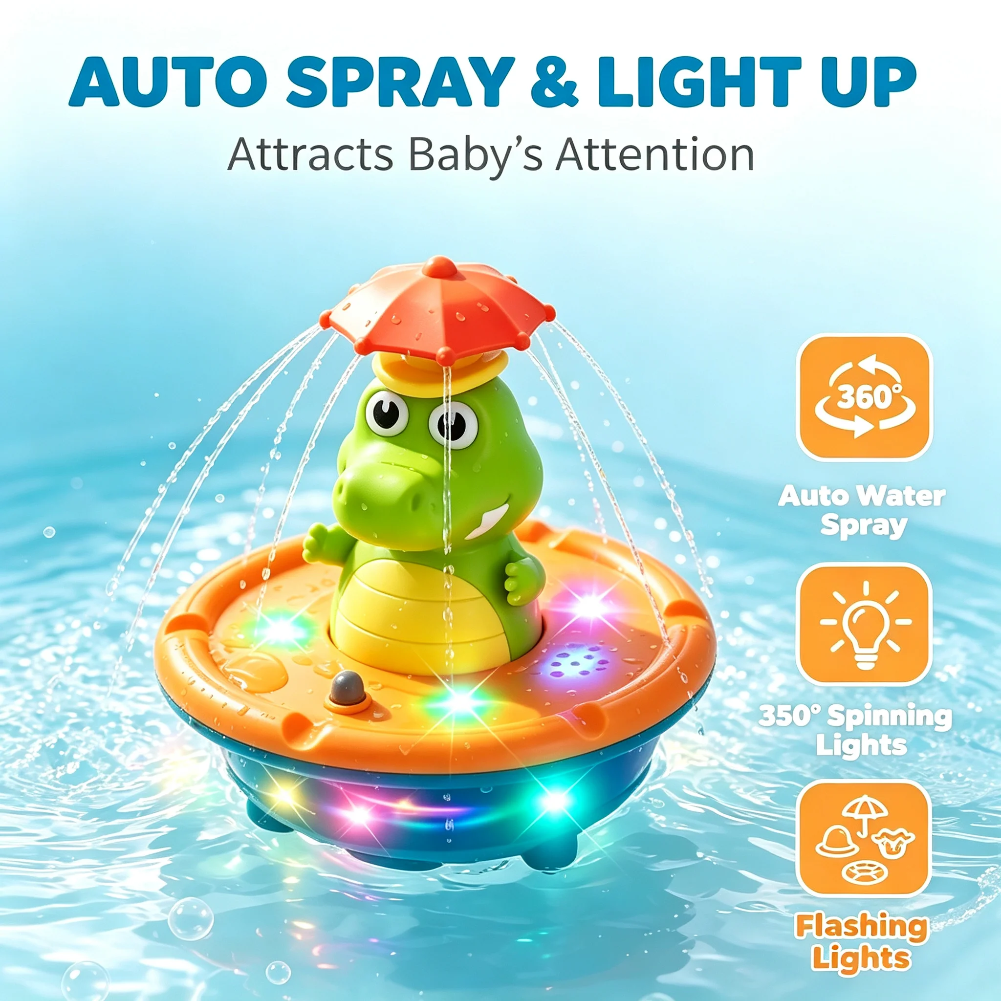 Krokodil-Sprühwasserspielzeug mit LED, schwimmendes Aufziehspielzeug, Wasserspaß-Spielzeug für Neugeborene, Geschenk für Kleinkinder im Vorschulalter, Badewannenspielzeug