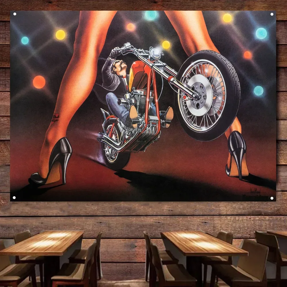 Girl Crotch Motorcycle Rider Painting for Garage Vintage Banner Wall Flag Gas Station Man Cave Auto Poster Home Decor Stickers