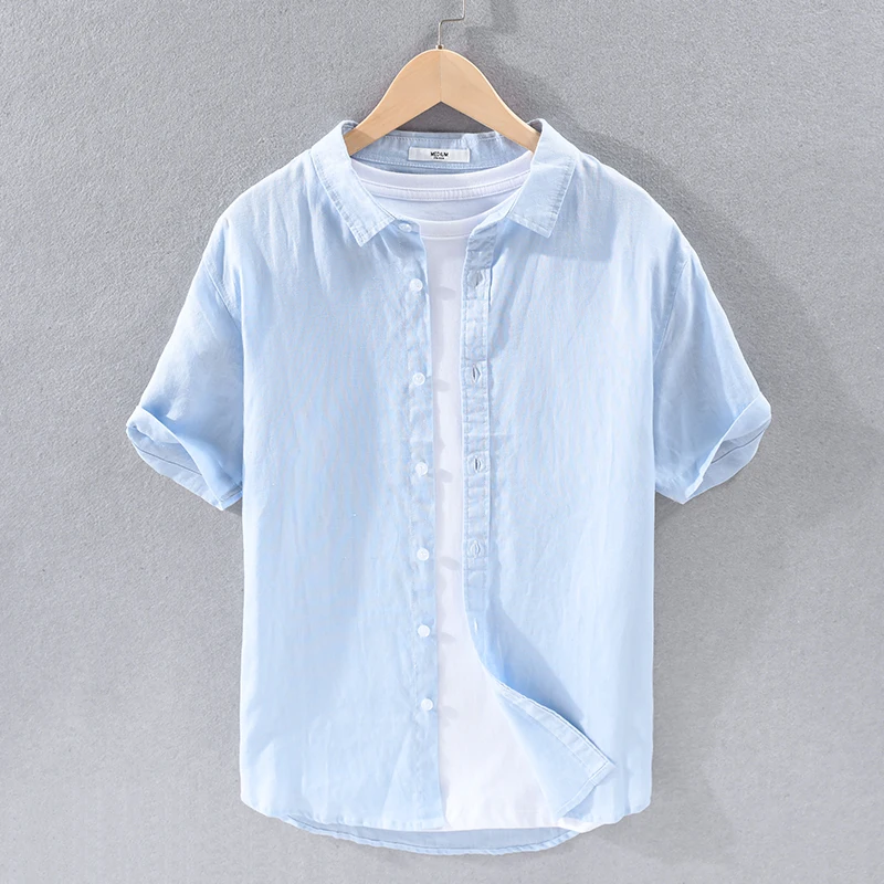 

New Stylish Casual Short Sleeve Solid Linen Shirt Men Brand Trend Comfortable 6-Colors Top Clothes Chemise Homme Dropshipping