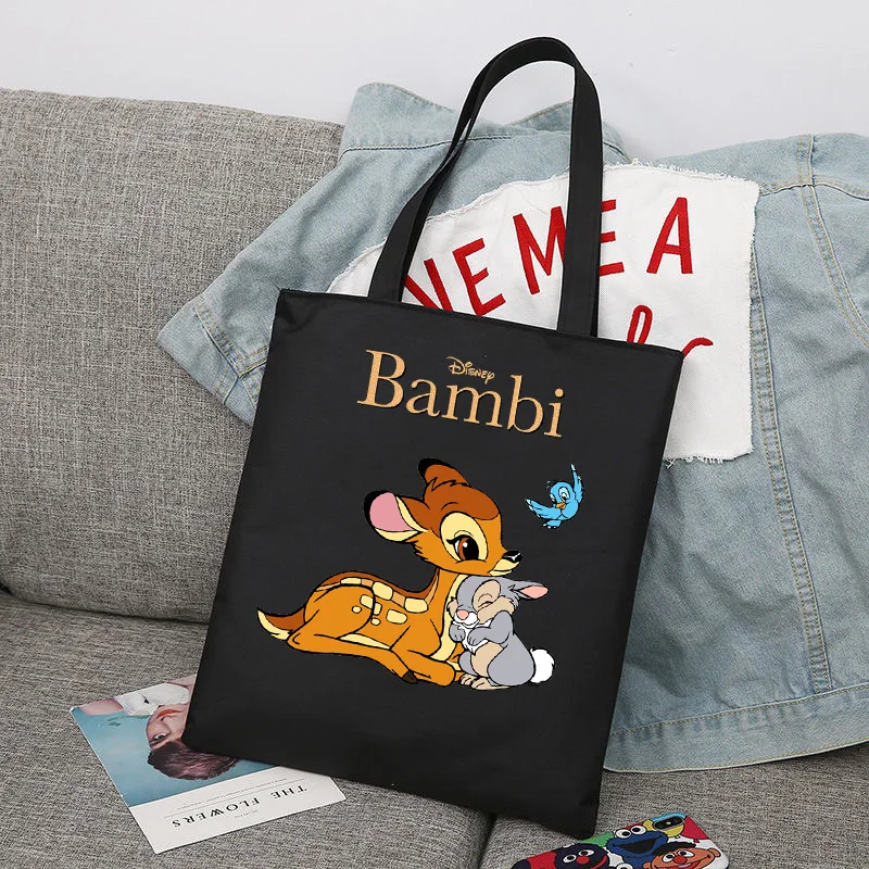 Disney Bambi Cartoon Fashion Large Capacity Canvas Shoulder Bag Women's Casual Tote Bag Kids Student Handbag Shopping Bag