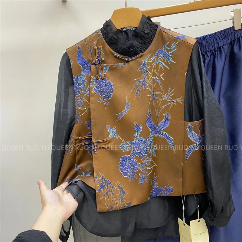 Fashion Chinese Printing Dunk Color Vest Coat with High Sense of Luxury and Loose old Money Style Beautiful Sleeveless Vest Coat