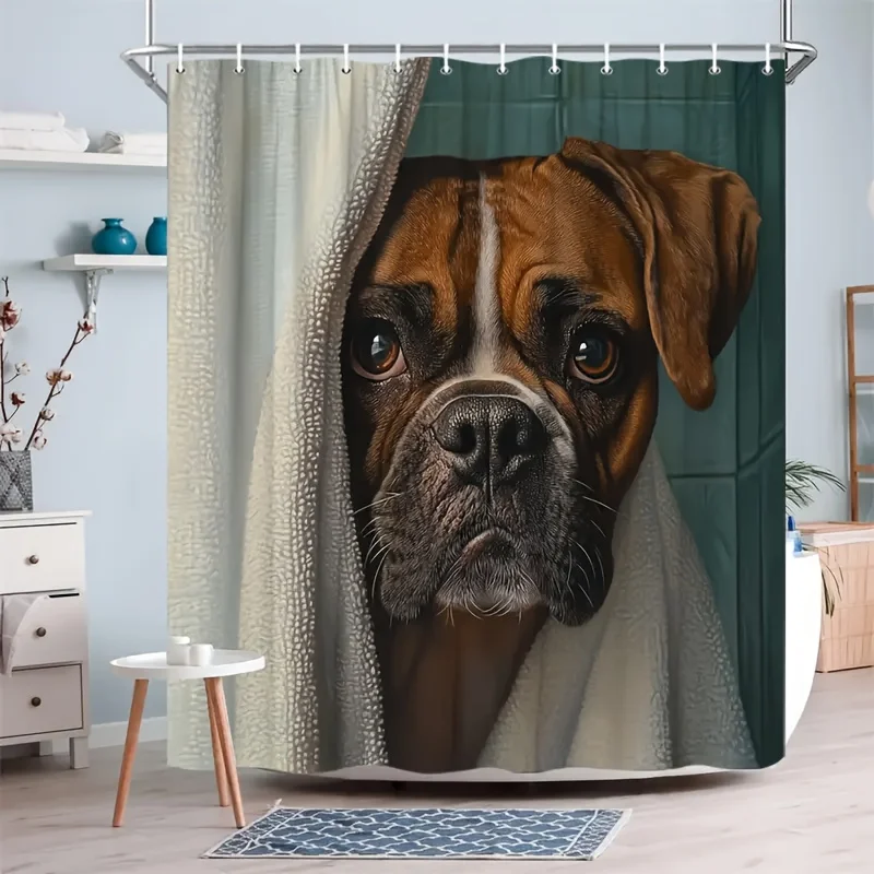 Realistic Boxer Dog Shower Curtain 72x72 Polyester Washable – 3D-Effect Peeking Face with Towel Texture, 12 Hooks