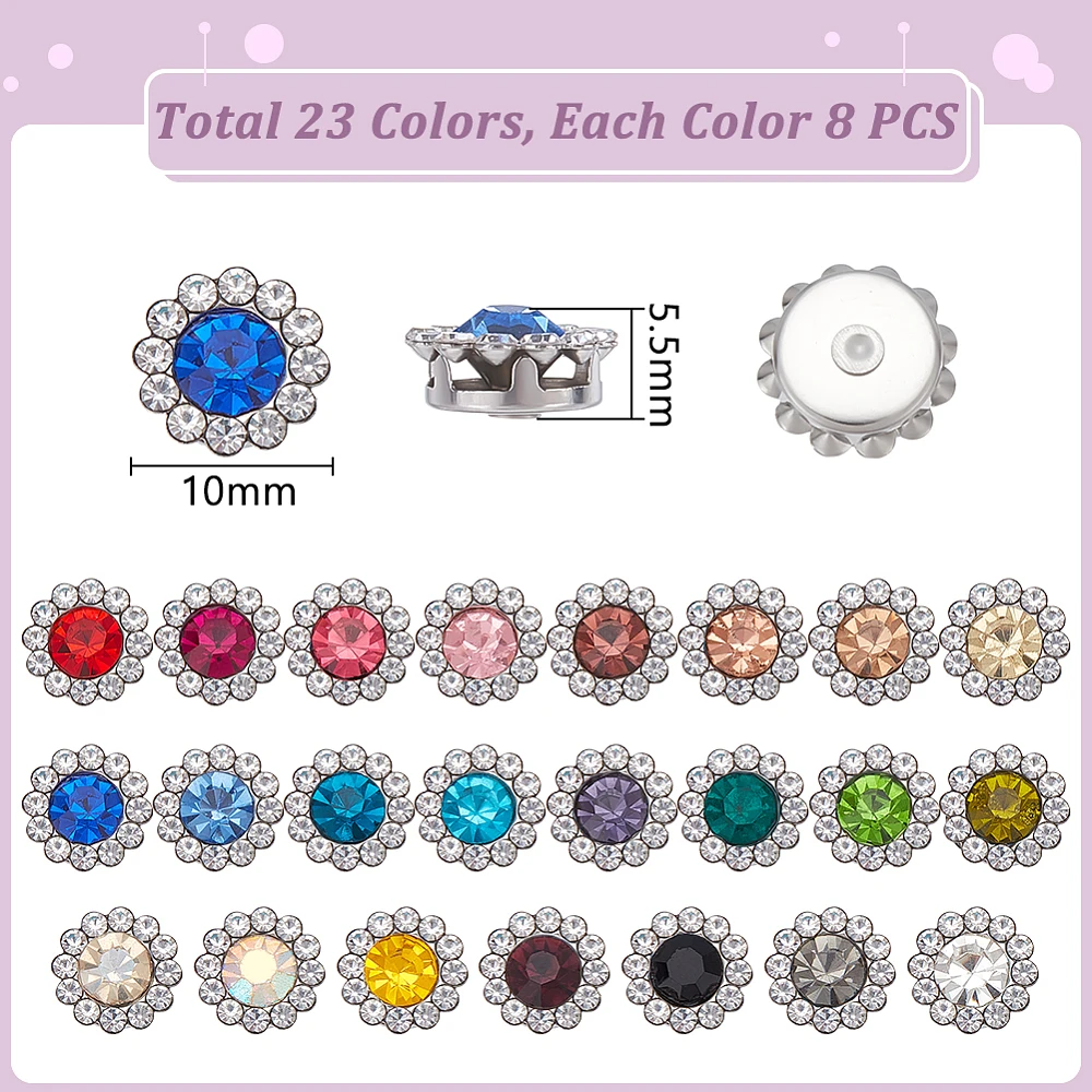 184pcs 23 Colors Sew on Rhinestones 10mm Crystals Glass Gems Metal Base Flower Claw Rhinestone Jewels