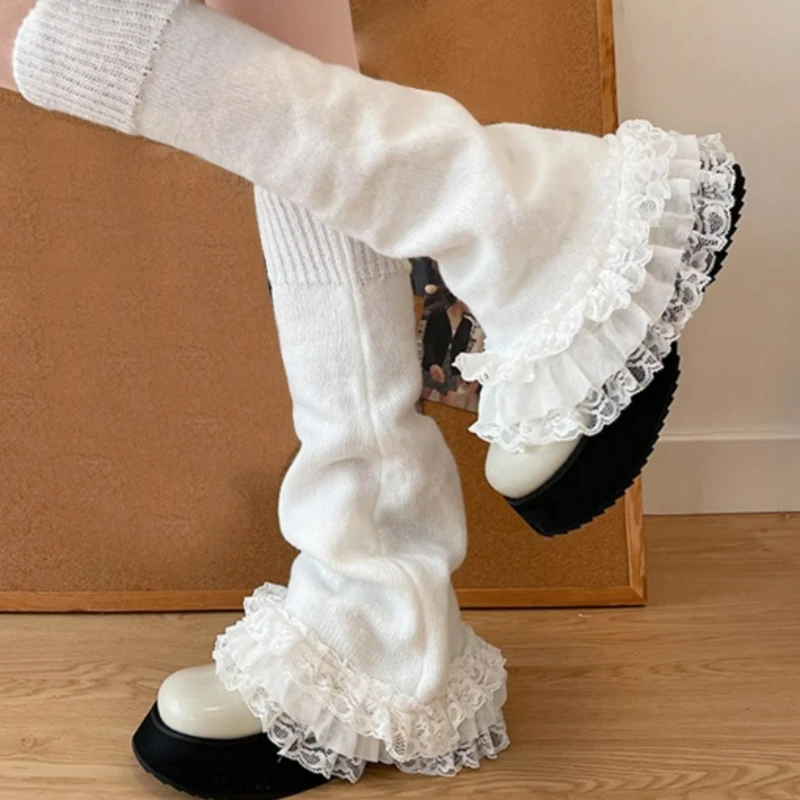 

2pcs Autumn Winter Lolita Spicy Girl Lace Knitted Stocking Women's Leg Warmers Korean Girl JK T-shaped Socks Leg Socks Female