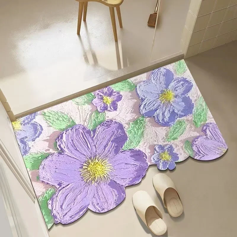 Soft Diatomite Mat Ins Flower Diatomaceous Earth Bath Mats Non-slip Bathroom Tub Carpet Quick Dry Women Room Door Rug Absorbent